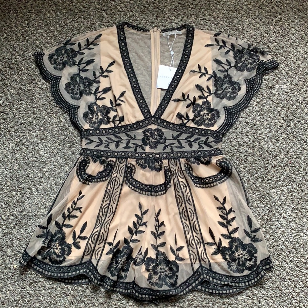 Honey Punch Nude & Black Lace Romper